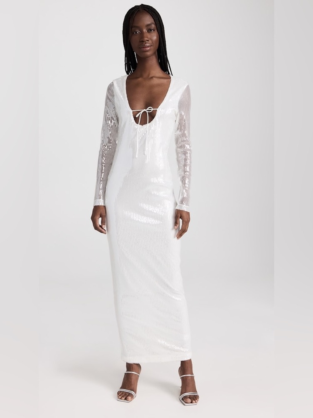 White Long-Sleeve Sequin Maxi Dress with Tie Front
